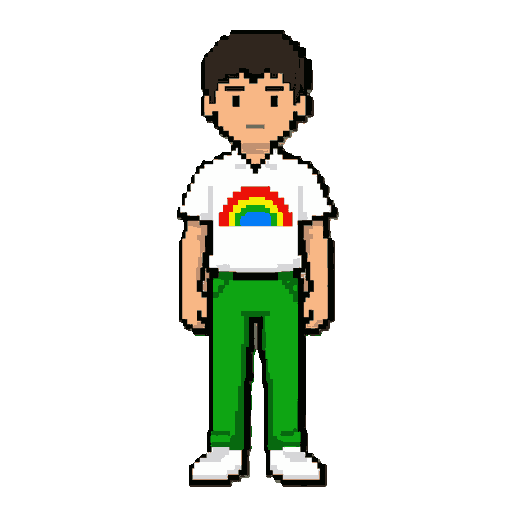 faça um garoto com uniforme escolar com a camisa branca e detalhe de um arco de horizonte vermelho amarelo verde e azul e uma calça verde com sapato branco 