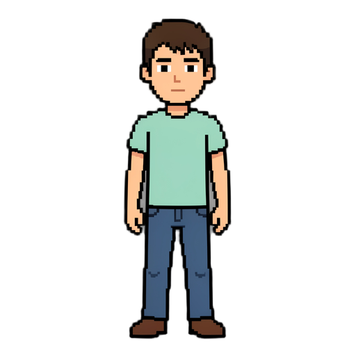 características gerais o personagem é um jovem masculino representado em pixel art, com o corpo inteiro visível e de frente. ele está em uma posição reta e relaxada, com os braços abaixados ao lado do corpo e as pernas levemente afastadas. a cabeça é um pouco maior em relação ao corpo, dando ao pers