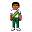 personagem  jovem masculino em pixel art, de frente e corpo inteiro.  cabelo: curto e preto.  rosto: pele marrom/alaranjada, olhos grandes e expressão neutra.  camiseta: branca, com faixa diagonal azul, amarela, vermelha e verde.  calça: verde escura com pequeno símbolo colorido.  tênis: brancos