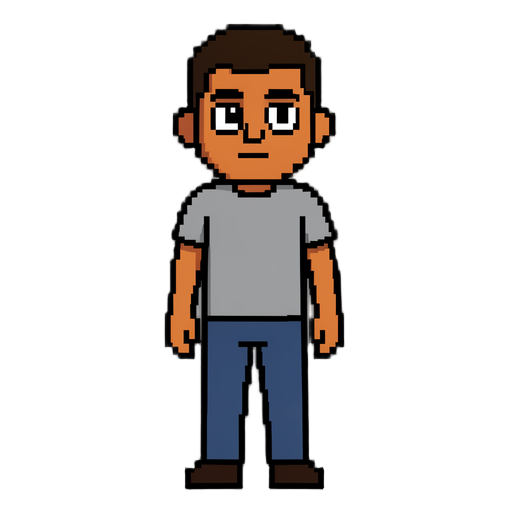 🧍 personagem jovem masculino em pixel art, de frente, corpo inteiro, com postura reta, braços abaixados e pernas levemente afastadas. 🧑 rosto pele em tons de marrom e laranja, rosto arredondado, olhos grandes com partes brancas, sobrancelhas pretas, nariz pequeno e boca simples com expressão