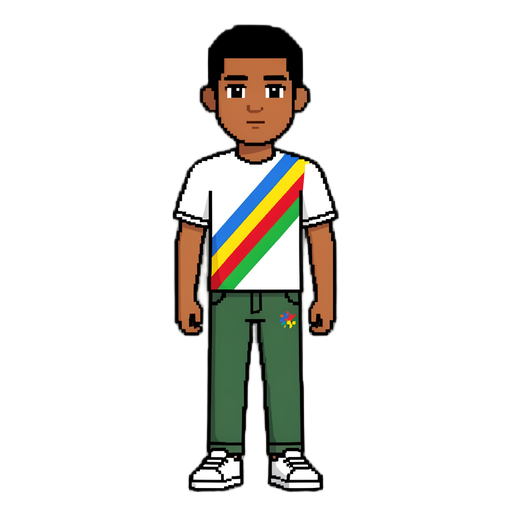 personagem  jovem masculino em pixel art, de frente e corpo inteiro.  cabelo: curto e preto.  rosto: pele marrom/alaranjada, olhos grandes e expressão neutra.  camiseta: branca, com faixa diagonal azul, amarela, vermelha e verde.  calça: verde escura com pequeno símbolo colorido.  tênis: brancos