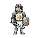 pixel art sprite, 64x64, fundo transparente.  cavaleiro solar em armadura de placas prateada, tabardo branco com um sol estilizado de raios pontudos no peito. elmo com visor aberto, expressão amigável. espada reta e escudo redondo com o mesmo emblema solar.  vista frontal, contorno escuro, 4 níveis 