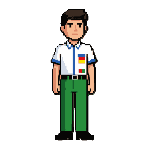 um homem de farda da escola, camisa branca com lista no canto inferior direito da blusa de cor azul, amarelo, vermelho e verde e calça verde