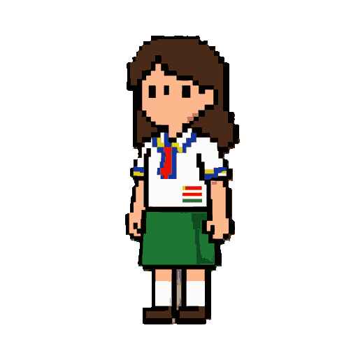 um menina de farda da escola, camisa branca com lista no canto inferior direito da blusa de cor azul, amarelo, vermelho e verde e calça verde