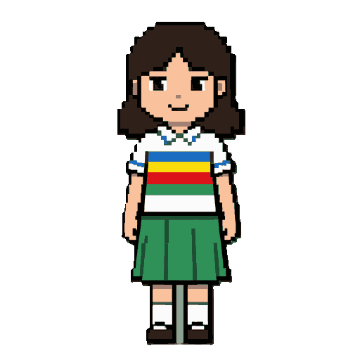 um menina de farda da escola, camisa branca com lista na horizontal de cor azul, amarelo, vermelho e verde e calça verde