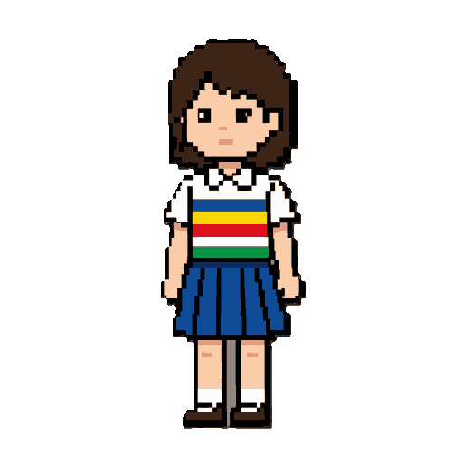 um menina de farda da escola, camisa branca com lista na horizontal de cor azul, amarelo, vermelho e verde
