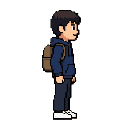 a small original 2d pixel-art platformer character. a young adventurer wearing a dark blue hoodie, dark pants, simple white sneakers, and a small backpack. short dark hair and a simple friendly face with two pixel eyes. full body, side-facing profile, standing pose, clear distinct silhouette. clean 