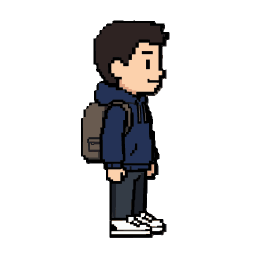 simple original pixel-art platformer character. a small cartoon character with a dark blue hoodie, dark pants, and white sneakers. short dark hair, two simple pixel eyes, and a friendly neutral expression. small backpack. very simple proportions and clean silhouette, designed to look good at a small