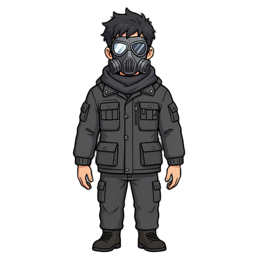 full body character design, front view, standing neutral pose,  young man wearing a sleek gray/black metallic gas mask with glowing visor slit,  messy dark hair visible on top of head,  dark gray tactical jacket with multiple pockets, zippers and buckles,  scarf/hood wrapped around neck,  shoulder s