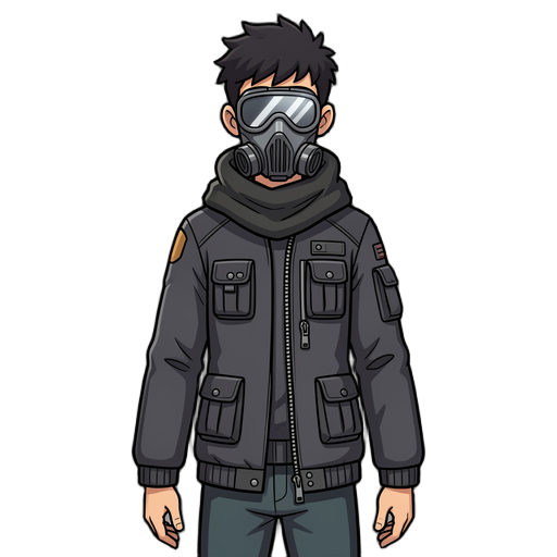 full body character design, front view, standing neutral pose,  young man wearing a sleek gray/black metallic gas mask with glowing visor slit,  messy dark hair visible on top of head,  dark gray tactical jacket with multiple pockets, zippers and buckles,  scarf/hood wrapped around neck,  shoulder s