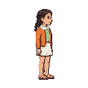 menina morena claro, com cabelo de tranças marrom escuro, usando uma blusa verde claro com gola boneca, um cardigan laranja, com saia meio curta branca com pequenas flores laranjas, e uma sandalia marrom meio rosa. 