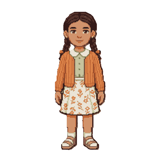 menina jovem morena claro, cabelo com duas tranças marrom escuro, blusa verde claro com gola boneca, cardigan laranja. e saia meio curta branca com pequenas flores laranjas, sandalia marrom meio rosa, brinco pequeno dourado.  olhos castanhos 