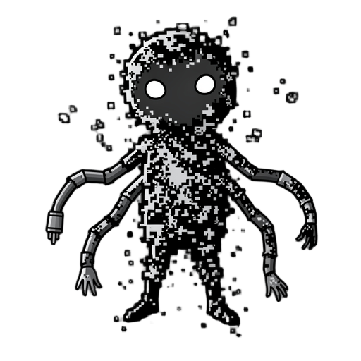 mysterious digital-glitch entity known as “Lazy Void”, designed as an abstract corrupted signal rather than a conventional humanoid character. The character’s entire body is formed from dense digital static, fragmented pixels, corrupted noise, and irregular blocks of grayscale data. Its silhouette is intentionally unstable and partially undefined, as if the character is constantly flickering between existence and non-existence. The main body is predominantly black, dark gray, white, and pale gray, with strong high-contrast pixel clusters. The edges of the body are broken, discontinuous, and scattered, with small detached pixels and fragments floating around the silhouette. Some areas look compressed, corrupted, or digitally torn, creating the impression that the character is being rendered incorrectly. The head is the dominant element. It has a rounded, irregular silhouette rather than a realistic human head. The face contains minimal recognizable features, keeping the identity ambiguo