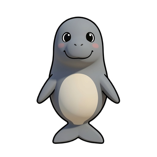 a friendly stylized low-poly cartoon manatee companion, full body, rounded gentle silhouette, soft slate-gray skin with a lighter belly, small flippers, broad paddle tail, calm curious expression, no accessories, centered neutral pose, clean topology suitable for animation and turntable rendering