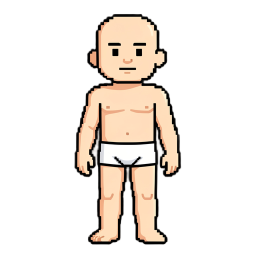 faça um de uma base de um humano pele clara arte estilo 16 bits chrono triger de frente ele não deve ter cabelo e deve estar usando apenas um cueca branca