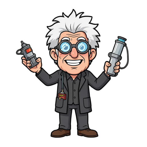 Dr. Otto Vector, cientista mais velho, cabelo branco muito bagunçado, goggles tecnológicos, jaleco, roupa escura, expressões exageradas, postura teatral, equipamentos improvisados