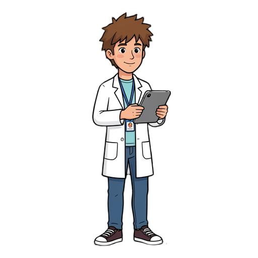 Estagiário, homem jovem, estudante de Fisioterapia, cabelo castanho bagunçado, jaleco, camiseta, tênis, crachá, tablet
