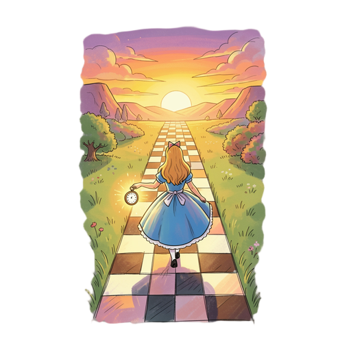 an ethereal and deeply emotional illustration of alice in wonderland walking away on a fading checkerboard path towards a breathtaking, warm golden hour sunset. she is gently dropping a glowing pocket watch from her hand, symbolizing letting go of all earthly burdens. a sweeping, gentle breeze blows