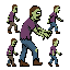 2d pixel art sprite sheet of a classic zombie character, side-view profile, walk animation and idle animation, 32x32 pixel grid per frame. pale green skin, tattered purple shirt, torn blue pants, blank white pixel eyes, slouched posture, arms stretched forward.