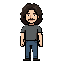 a pixel art illustration of a specific male subject with high physical fidelity. his features are distinct: very prominent, voluminous, dark charcoal-brown wavy, shoulder-length hair that falls naturally; a thick and well-defined dark charcoal-brown mustache; calm, attentive eyes 