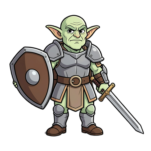 of a goblin, with light colors, a shield on left hand, wearing an armor, and a sword in other hand