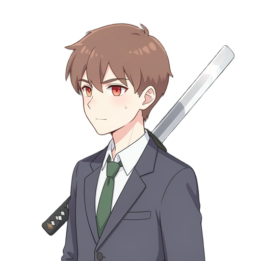 Generates a 2d line of a boy in a brown-haired high school suit with a thin white appearance and a katana with red eyes Put the katana behind him and make his eyes based on his skin color