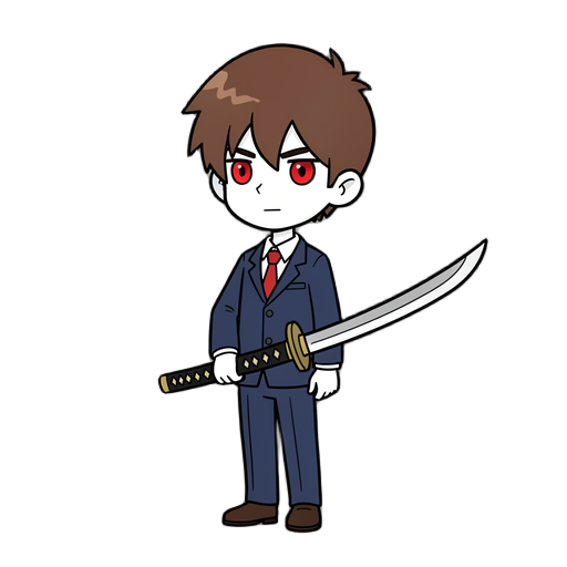 Generates a 2d line of a boy in a brown-haired high school suit with a thin white appearance and a katana with red eyes