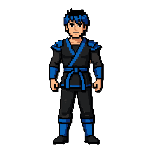 male humen fighter  black and blue cloths blue and black hair
