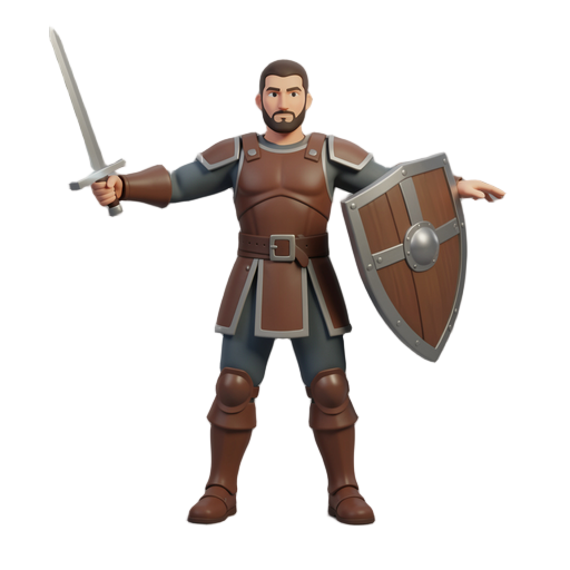 crie um personagem guerreiro com espada em uma mão e escudo na outra mão