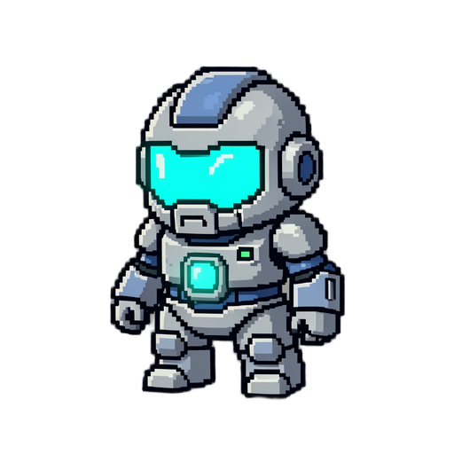 2d 16x16 pixel art sprite, chibi cybernetic hero robot character, southeast-facing top-down action roguelike view, neon cyan glowing visor and chest reactor, silver and steel blue armor, dark graphite outline, high contrast, crisp pixel edges, sprite sheet asset, clean background --no realistic, 3d,