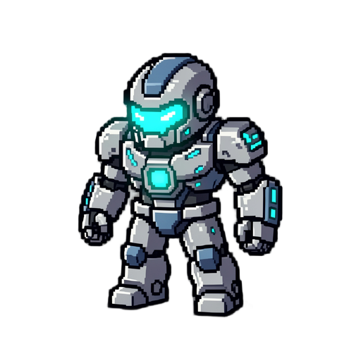 2d 16x16 pixel art sprite, cybernetic hero robot character, southeast-facing top-down action roguelike view, neon cyan glowing visor and chest reactor, silver and steel blue armor, dark graphite outline, high contrast, crisp pixel edges, sprite sheet asset, clean background --no realistic, 3d, blur,