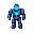 16x16 pixel art sprite of a cybernetic hero robot character, top-down perspective view, bullet heaven rogue-like asset, cyber bipedal design, metallic body made of steel blue (#4a6984) plating, vibrant neon cyan (#00f0ff) glowing visor and chest reactor core, subtle electric blue (#0077b6) secondary