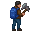male urban survivor, black beanie, brown jacket, blue jeans, large blue backpack, holding an axe