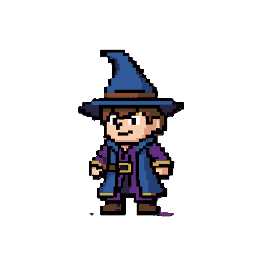use a imagem de referência anexada como referência principal e fiel para criar uma sprite sheet profissional de pixel art do personagem zacary.  importante: não invente nenhum elemento novo no design. mantenha exatamente a identidade visual do personagem da referência: pequeno mago antropomórfico, a