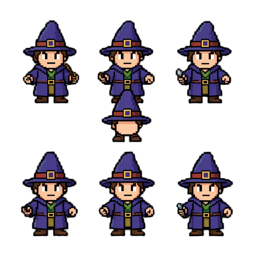 use a imagem de referência anexada como referência principal e fiel para criar uma sprite sheet profissional de pixel art do personagem zacary.  importante: não invente nenhum elemento novo no design. mantenha exatamente a identidade visual do personagem da referência: pequeno mago antropomórfico, a