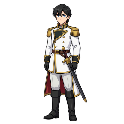 of a Anime character design, 19-year-old noble prince, Victorian-Brazilian fantasy empire, black medium hair, blue eyes, white military coat with gold details, black gloves, elegant sword at the waist, calm and confident expression, full body, highly detailed, clean anime style