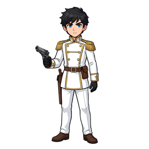 Cael Reges Ferreira, 19 years old, short, slightly messy black hair, intense blue eyes, white military uniform with gold accents, black gloves, leather holster, elegant arcane pistol