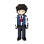 a teenager boy in school uniform, create a full-body 2d pixel art game character sprite inspired by classic korean online rpg pixel graphics.  character proportions: - small compact human body - approximately 3.5–4 heads tall - slightly oversized head, but not chibi - narrow shoulders and slim limbs