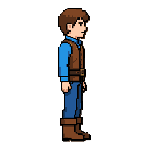 hollow knight-style pixel art: petrus, a young man with brown hair, blue shirt, brown leather vest, belt, blue pants and brown boots. full-body side view, simple shapes, vibrant colors, transparent background. no cape, hood or scarf.