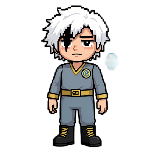 Cabeça (32x48, topo) — 24x16 pixels PartePixelsDescrição Cabelo 8 de altura Bagunçado, mas leve. Mechas esvoaçantes. Branco como neve. Mecha preta 2x6 No lado esquerdo do rosto (do ponto de vista do jogador). Cai sobre o olho esquerdo. Rosto 8x8 Redondo. Olhos grandes (2x2 cada). Olheiras (1 pixel cinza). Olhos 2x2 cada Preto com 1 pixel de brilho branco. Olhar cansado. Boca 2x1 Neutra. Levemente curvada para baixo. Pescoço 2x2 Pele com sombra. Corpo (32x48, meio) — 16x16 pixels PartePixelsDescrição Macacão 12x16 Cinza-azulado. Detalhes em dourado. Cinto 12x2 Dourado fosco. Fivela central. Emblema de Oradora 4x4 No ombro esquerdo. Círculo dourado com ondas concêntricas azuis. Braços 3x12 cada Caídos ao lado do corpo. Luvas sem dedos. Mãos 3x3 cada Pele com sombra. Uma segura o Foco. Foco 4x4 Cristal flutuante. Azul fraco com brilho branco. Pernas (32x48, base) — 12x16 pixels PartePixelsDescrição Calça 12x12 Mesma cor do macacão. Joelhos marcados. Botas 12x6 Preto. Cadarços dourados. Pe