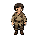 chunky pixel art sprite sheet, full body character design of a poor medieval young boy, short dark brown hair, dirt smudges and soot on his face, wearing ragged, torn, patched medieval peasant clothes and crude linen tunic, drawn with chunky 2x2 pixel blocks style, low resolution retro 8-bit style, 