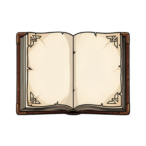 create a 1930s noir-style game inventory menu featuring an elegant open vintage book with completely blank, aged paper pages, no text, no letters, no symbols, symmetrical art deco details, subtle worn leather cover, monochromatic black and white palette, high-contrast lighting, transparent backgroun