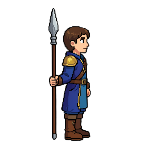 same character, same clothes and hair, strict side view facing right, idle pose, hold spear vertically beside body, full body, pixel art metroidvania sprite, transparent background, do not redesign