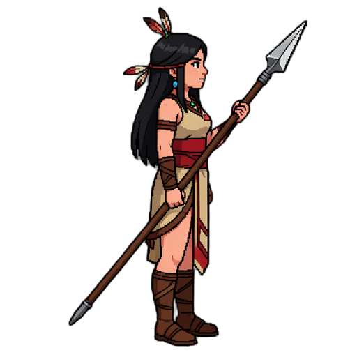 same female guarani warrior, long black hair, red beige brown outfit, spear, strict side view facing right, full body, idle pose, smaller feather ornaments, no large headdress, detailed pixel art, metroidvania sprite, transparent background no front view, no anime, do not redesign