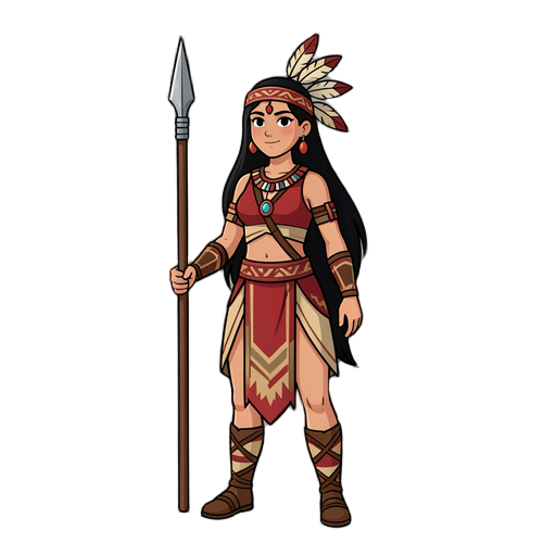 i’ll use this refined prompt to generate the full-body female guarani-inspired warrior sprite, preserving the long black hair, feather ornaments, red–beige–brown outfit, vertical spear, consistent proportions, and transparent background. confirm to generate.