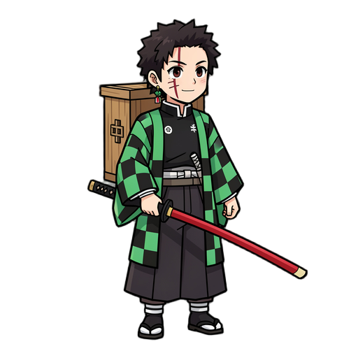 (best quality, masterpiece), 2d pixel art sprite, tanjiro kamado, demon slayer, full body, standing pose, wearing black and green checkered haori and kimono, carrying a wooden box on his back (nezuko's box), holding a black katana sword with a red blade in front of him, hanafuda earrings, scar on fo