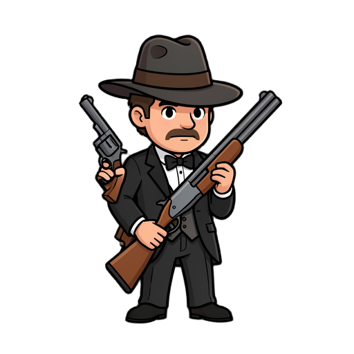 of a 64x64 indie roguelike character, the character is a hunter who has a revolver and a shotgun disguise as a violin case a character is wearing a black tuxedo looks like a gentlemen and a wampire hunter hat