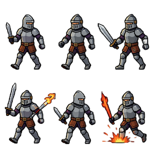 pixel art of a knight sprite with walking, running, attacking and dying animations 