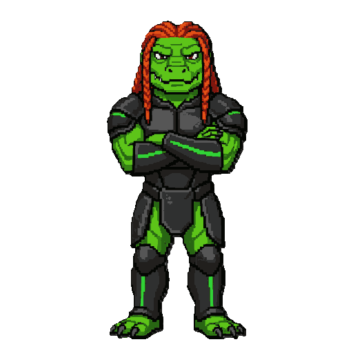 faça o de um rapaz crocodilo humanoide com os cabelos ruivos trançados atras da cabeça, ele usa uma armadura negra com linhas verdes e esta de braços cruzados. seu corpo é musculoso e sua expressao é seria com olhos afiados, seu cabelo é ruivo avermelhado