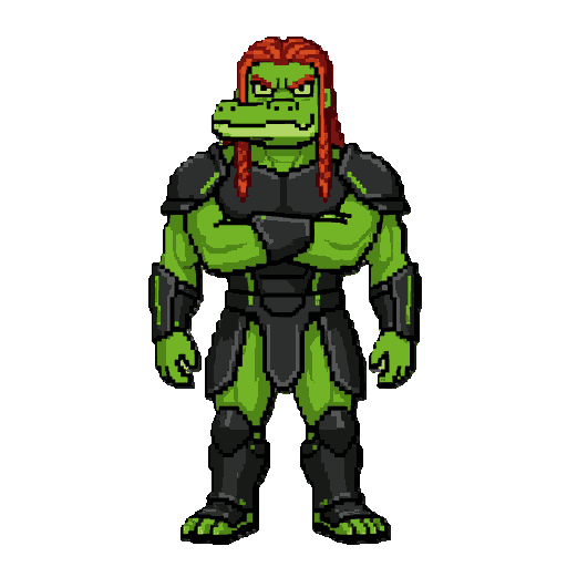 faça a de um homem crocodilo humanoide com o corpo tonificado com os cabelos ruivos trançados atras da cabeça, ele usa uma armadura negra com linhas verdes e esta de braços cruzados. seu corpo é musculoso e sua expressão é séria com olhos afiados, seu cabelo é avermelhado e só com uma unica trança, ele tem mais armadura negra no corpo